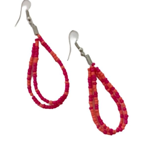 Seed Bead TearDrop Earrings Pink Coral Silver Tone Summer Festival Dangle Spring - Picture 8 of 16